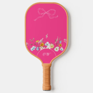 Hot Pink Wildflower Bow Floral Initials Monogram Pickleball Paddle