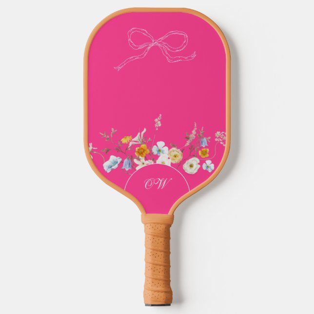 Hot Pink Wildflower Bow Floral Initials Monogram Pickleball Paddle (Front)