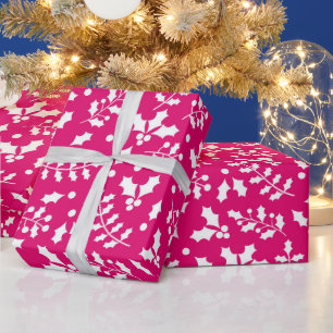 Hot Pink Winter Christmas Holly Wrapping Paper