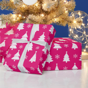 Hot Pink Winter Christmas Tree & Snowflakes Wrapping Paper