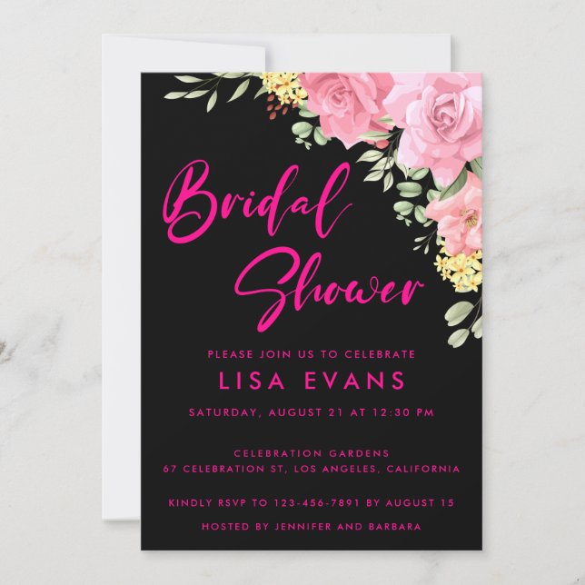 Hot Pink With Roses Bridal Shower Invitation (Front)