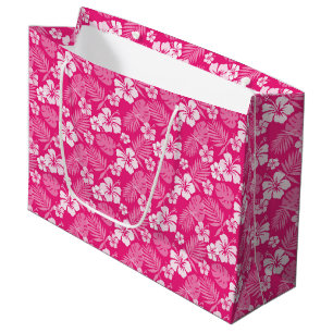 HOT PINK WITH TROPICAL WHITE HIBISCUS FLOWERS LARGE GIFT BAG