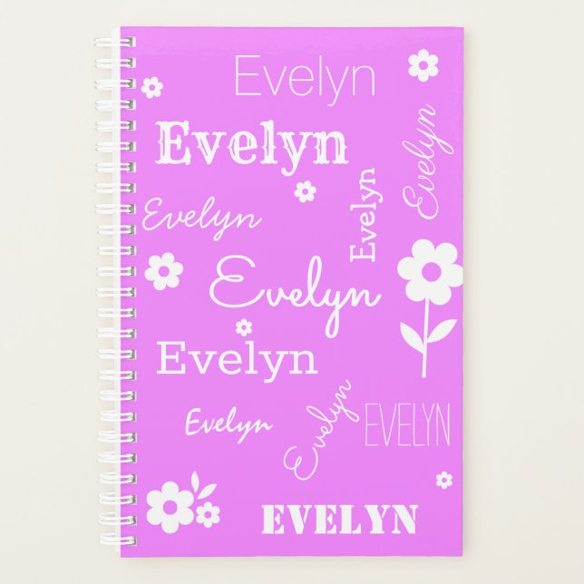 Hot Pink with White Flowers, Custom Name Planner (Front)