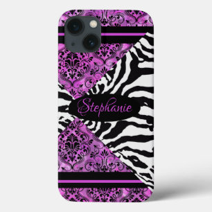Hot pink with zebra pattern iPhone 13 case