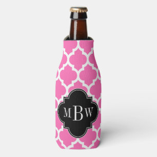 Hot Pink Wt Moroccan #5 Black 3 Initial Monogram Bottle Cooler