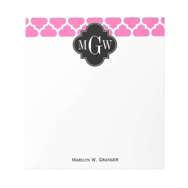 Hot Pink Wt Moroccan #5 Black 3 Initial Monogram Notepad (Front)