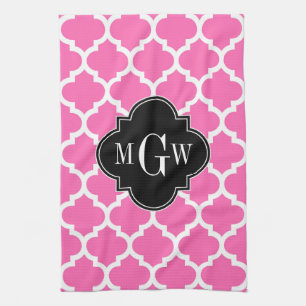 Hot Pink Wt Moroccan #5 Black 3 Initial Monogram Tea Towel