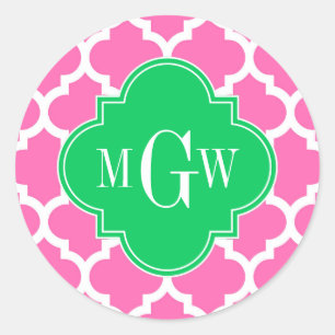 Hot Pink Wt Moroccan #5 Emerald 3 Initial Monogram Classic Round Sticker