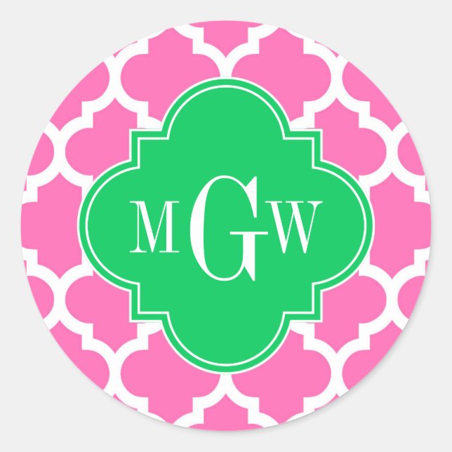 Hot Pink Wt Moroccan #5 Emerald 3 Initial Monogram Classic Round Sticker (Front)