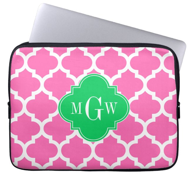 Hot Pink Wt Moroccan #5 Emerald 3 Initial Monogram Laptop Sleeve (Front)