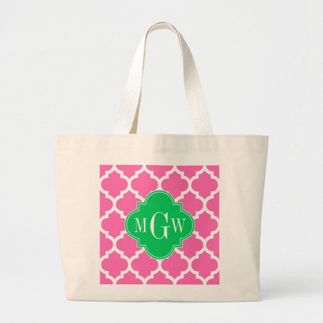 Hot Pink Wt Moroccan #5 Emerald 3 Initial Monogram Large Tote Bag (Front)