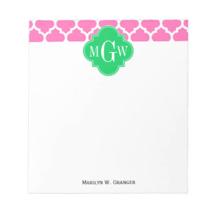 Hot Pink Wt Moroccan #5 Emerald 3 Initial Monogram Notepad