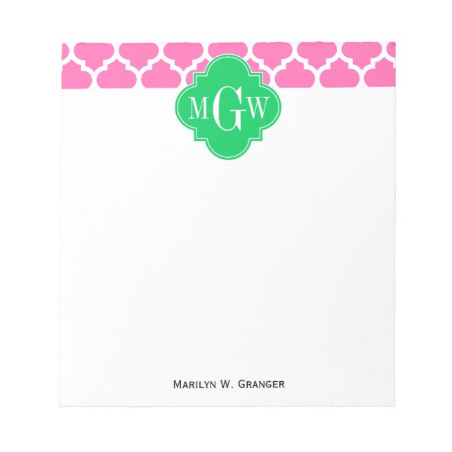 Hot Pink Wt Moroccan #5 Emerald 3 Initial Monogram Notepad (Front)