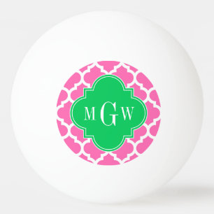 Hot Pink Wt Moroccan #5 Emerald 3 Initial Monogram Ping Pong Ball