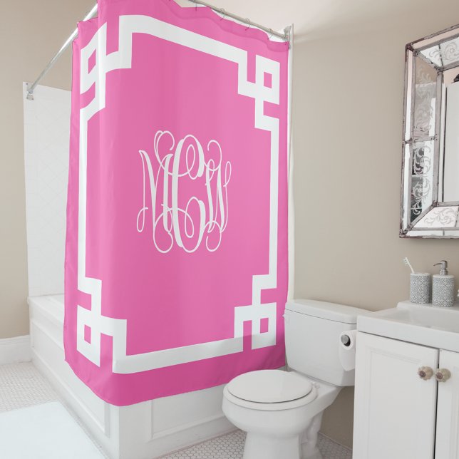 Hot Pink Wt Vine Monogram DIY BG & Greek Key Frame Shower Curtain (Creator Uploaded)