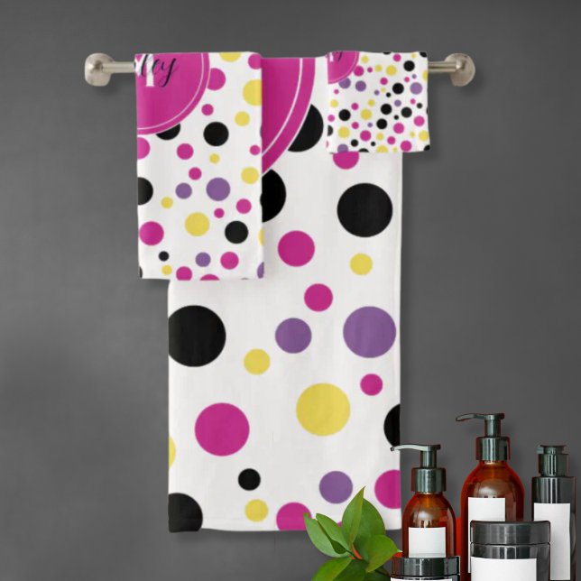 Hot Pink Yellow Monogram Polka Dots Bath Towel Set (Creator Uploaded)