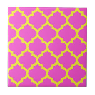 Hot Pink Yellow Moroccan Quatrefoil Pattern #5 Tile