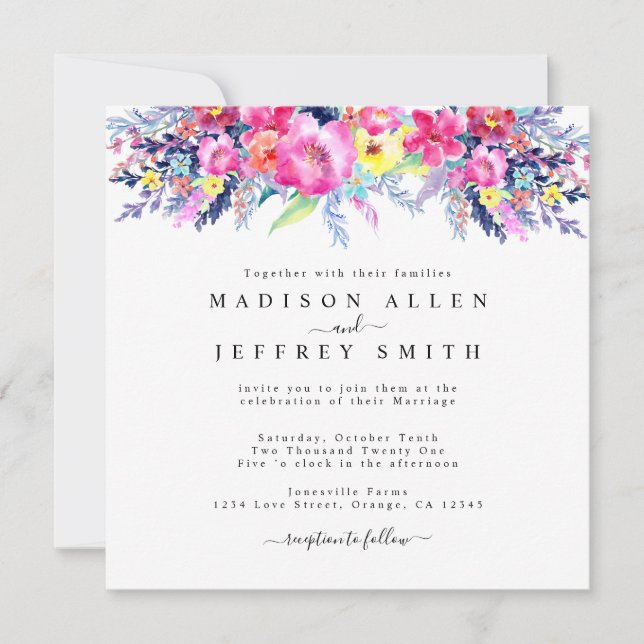 Hot Pink & Yellow Spring Floral Wedding Invitation (Front)