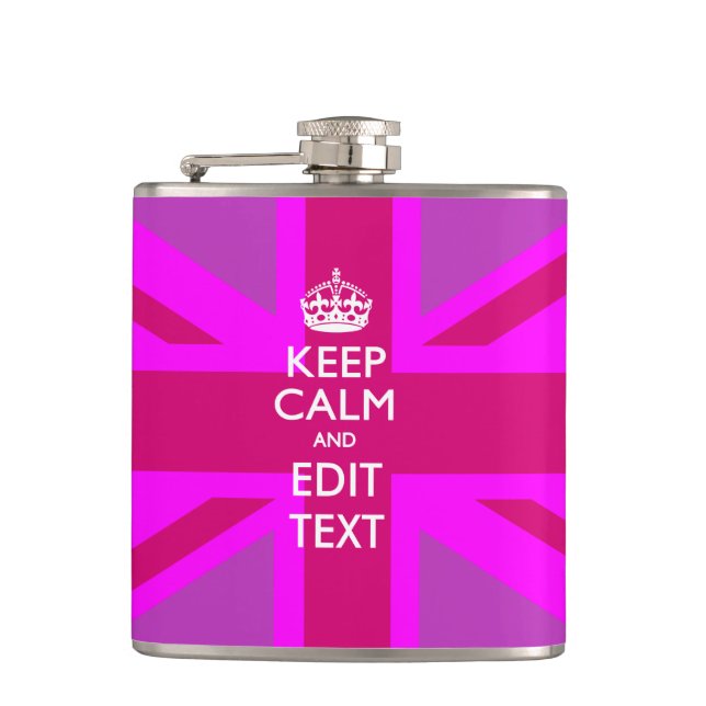 Hot Pink Your Keep Calm Edit Text Union Jack Hip Flask (Front)