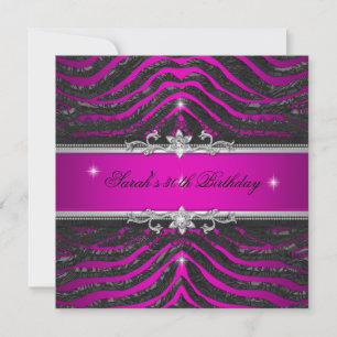Hot Pink Zebra Black Silver 30th Birthday Party Invitation