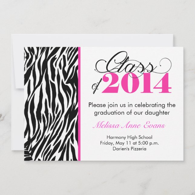 Hot Pink Zebra Class of 2014 Graduation Invitation (Front)