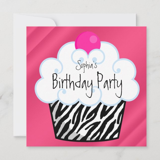 Hot Pink Zebra Girls Cupcake Birthday Party Invitation (Front)