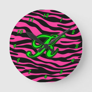HOT PINK ZEBRA GREEN K ROUND CLOCK