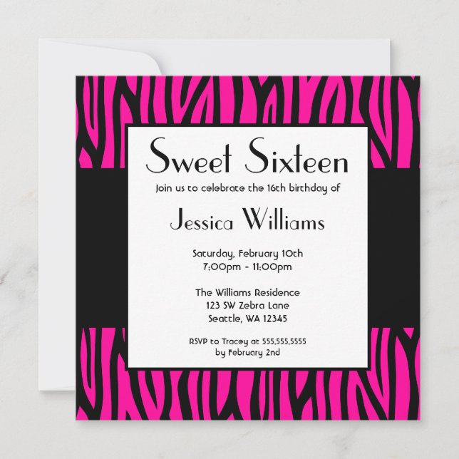Hot Pink Zebra Modern Sweet 16 Birthday Party Invitation (Front)