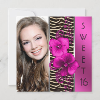 Hot Pink Zebra Photo Sweet 16 Birthday Party Invitation