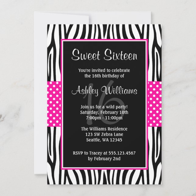 Hot Pink Zebra Polka Dot Sweet 16 Invitations (Front)