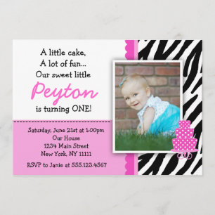 Hot Pink Zebra Print First Birthday Invitations