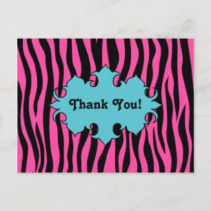 Hot pink zebra print with blue banner thank you postcard