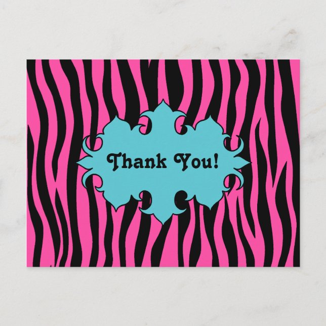 Hot pink zebra print with blue banner thank you postcard (Front)