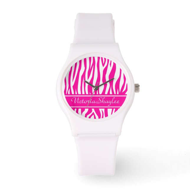Hot Pink Zebra Print with custom text Watch (Front)