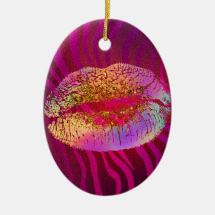 Hot Pink Zebra Rainbow Gold Glitter Lips Custom Ceramic Ornament