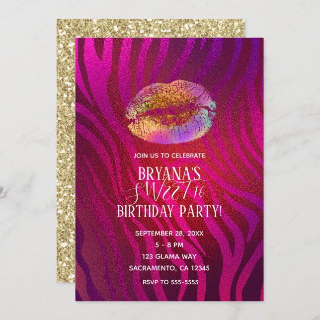 Hot Pink Zebra Rainbow Gold Glitter Lips Party Invitation (Front/Back)