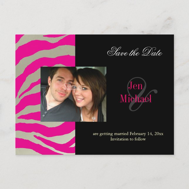 Hot pink zebra Save the Date Photo postcards, Announcement Postcard (Front)