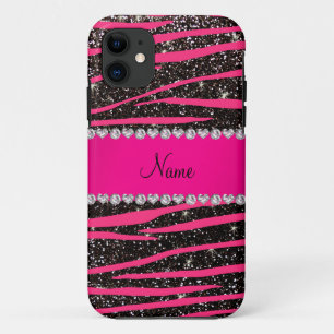 Hot pink zebra stripes black glitter pink stripe iPhone 11 case