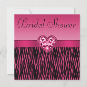 Hot Pink Zebra Stripes & Bling Heart Bridal Shower Invitation