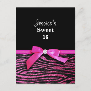Hot pink zebra Sweet 16 Birthday Party Invitations
