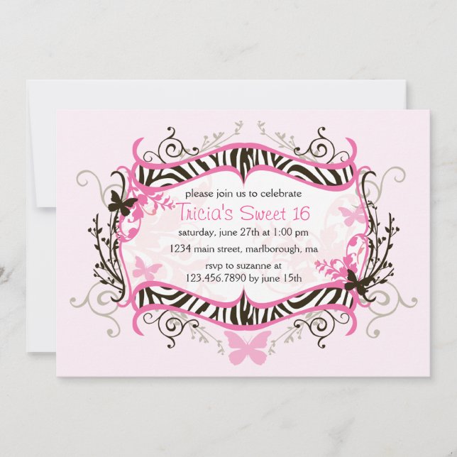 Hot Pink Zebra Sweet 16 Invitation (Front)