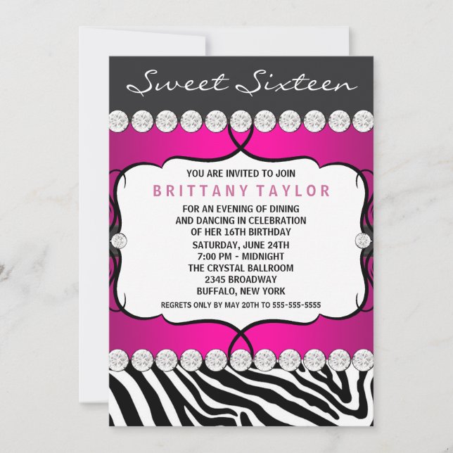 Hot Pink Zebra Sweet Sixteen Birthday Party Invitation (Front)