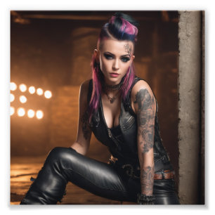 Hot Punk Tattoo Girl in Leather in Dance Studio Photo Print