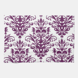 Hot Purple and White Elegant Damask Pattern Tea Towel