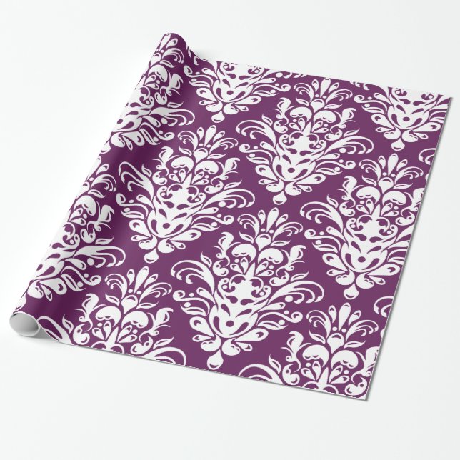 Hot Purple and White Elegant Damask Pattern Wrapping Paper (Unrolled)