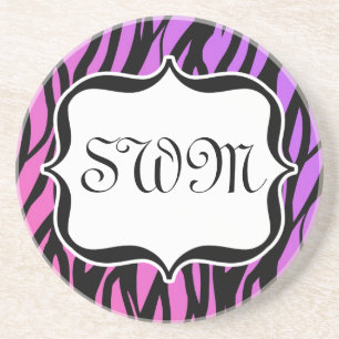 Hot Purple/Pink Zebra Stripes Monogram Coaster
