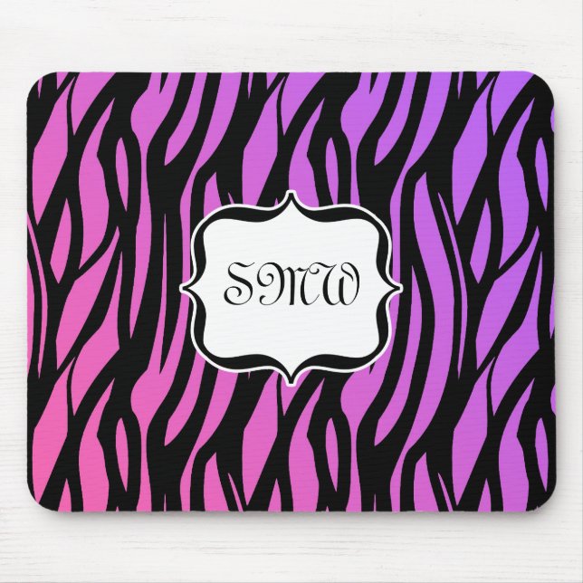 Hot Purple/Pink Zebra Stripes Monogram Mouse Pad (Front)