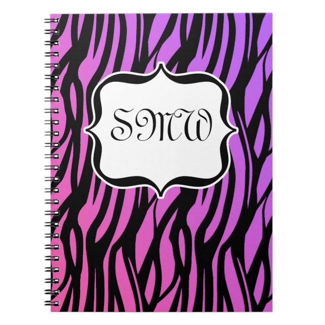 Hot Purple/Pink Zebra Stripes Monogram Notebook (Front)
