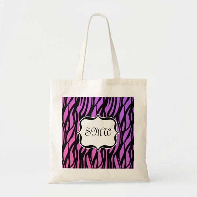 Hot Purple/Pink Zebra Stripes Monogram Tote Bag (Front)