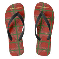 Hot red and green abstract design flip flops.